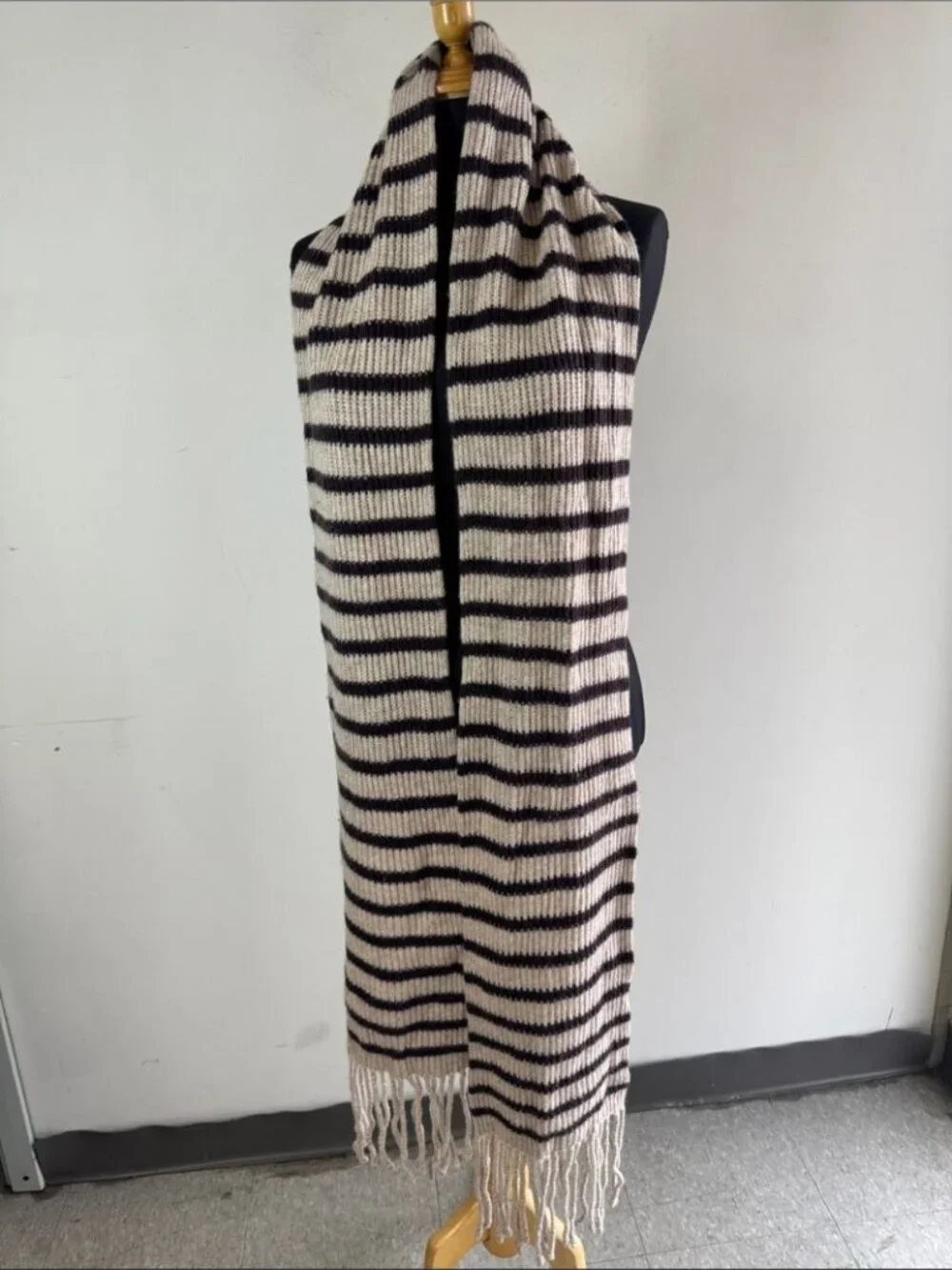 Club Monaco Lambswool Modal Scarf Cream Black Stripe Fringe Cozy Winter Minimal